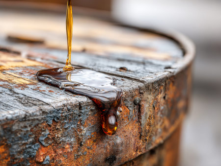 A thick, gleaming liquid cascades from a tarnished, aged metal container, revealing gritty surface...