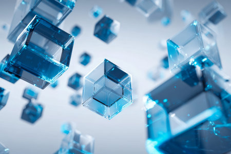 Vibrant azure glass blocks drift seamlessly in a sleek, digital environment, illuminated by gentle...