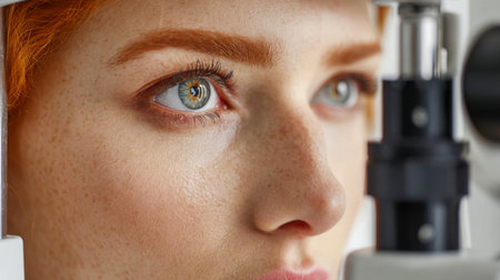 A vibrant close-up captures a young woman with charming freckles as she undergoes an intricate eye assessment, surrounded by state-of-the-art diagnostic tools in a modernのeditorial素材