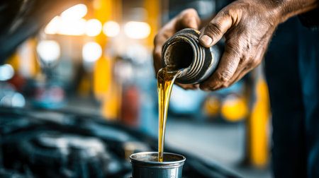 Focused shot of dark, viscous oil flowing into a car's engine amid tools and parts, capturing the...