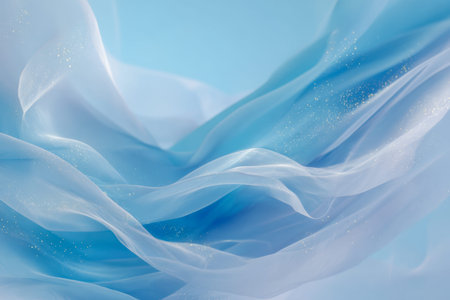 Wispy, shimmering azure textiles cascade gently, forming a tranquil abstract pattern that evokes...