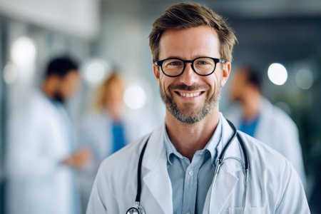 A self-assured male healthcare professional, wearing glasses and a stethoscope, gazes warmly at the camera amid a sleek, contemporary medical setting with colleagues in the backgroのeditorial素材