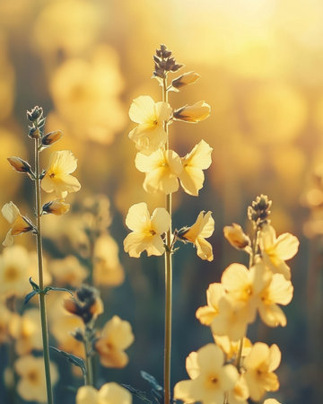 Vivid yellow blossoms bask in golden sunlight, highlighting delicate petals and intricate stamens,...
