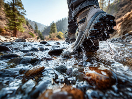 Adventurers navigate a rugged mountain creek, surrounded by lush greenery and towering trees,...