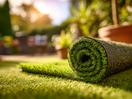 Freshly packed synthetic grass rolls rest against a lush garden backdrop, ready to transform outdoor spaces with vibrant, low-maintenance greenery.の写真素材