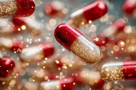 Vibrant red and gold capsules gleam with glitter as they drift amidst shimmering bokeh lights, symbolizing cutting-edge health solutions and contemporary wellness progress.の写真素材