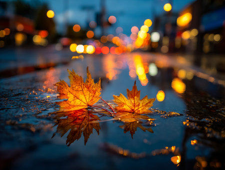 Vibrant orange and red leaves mirror the glow of streetlights on a wet pavement, creating a cozy,...