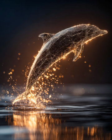 A luminous digital dolphin arcs through a vibrant environment of wireframe and particles, evoking...