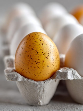 A solitary, speckled brown egg emerges amidst a sea of pristine white eggs, highlighting natural...