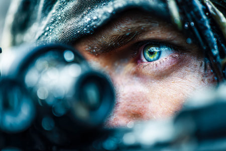An unwavering gaze through binoculars captures a moment of sharp focus amid a damp face, emphasizing...
