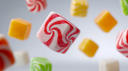 Brightly hued candy blocks with swirling designs hover delicately, evoking a playful, tempting mood...