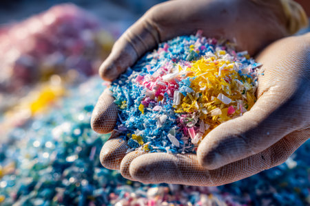 A close-up of a hand grasping a vibrant mix of plastic debris, emphasizing environmental...
