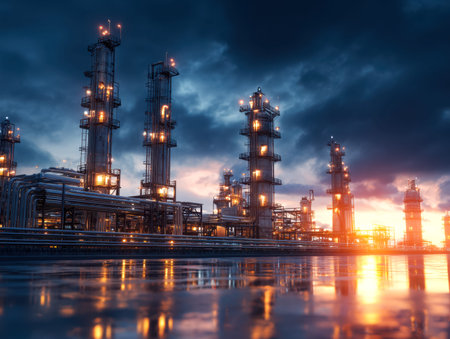 A sprawling refinery silhouette under a fiery sky, with its glowing structures mirrored on tranquil...