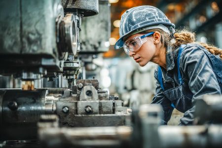 A focused woman in work attire examines industrial equipment amidst a bustling factory environment,...