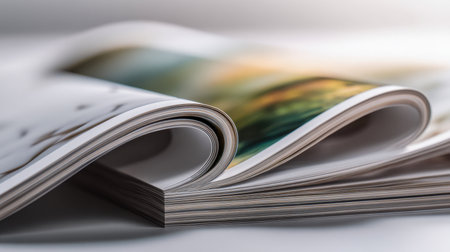 A layered arrangement of magazines with gently curling pages revealing vibrant prints, illuminated by delicate lighting for a refined artistic display.の写真素材