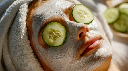A tranquil spa scene featuring a woman with fresh cucumber slices on her eyes and a soothing clay...