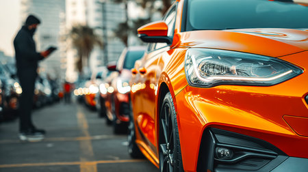 A vibrant orange racing-style vehicle aligns with other sleek cars along a bustling urban avenue,...