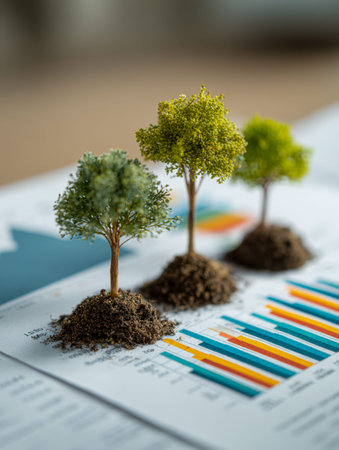 Tiny saplings emerge from soil heaps atop graphs and reports, symbolizing ecological renewal...