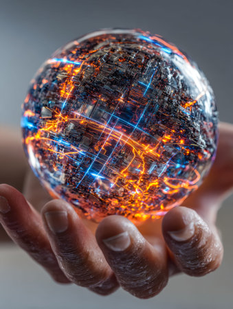 A luminous, interactive 3d sphere with glowing network lines illustrating global digital linkages...