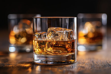 Intimate scene of two amber spirits chilled with ice, resting on textured wood under soft glow, with...