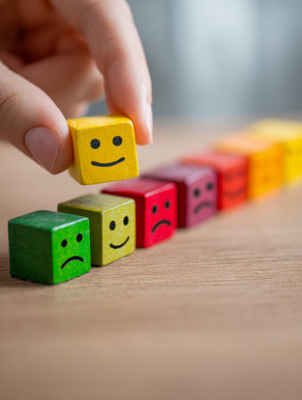 A hand picks out a cheerful yellow face from a colorful lineup of wooden blocks displaying different...