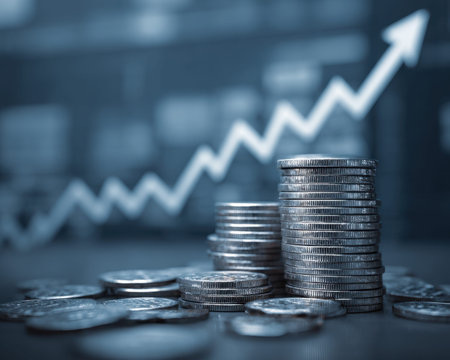 A digital illustration showing increasing monetary gains with stacked coins and a rising graph,...