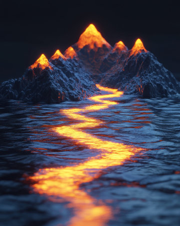 Vibrant night scene of luminous volcanic peaks mirrored in a molten river, radiating intense oranges...