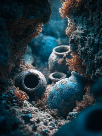Timeworn ceramic pieces rest among vibrant coral formations, revealing a submerged glimpse into...