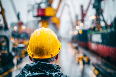 A focused construction worker wearing a bright yellow helmet stands amidst wet, muddy terrain with pouring rain, highlighting safety and resilience inの写真素材