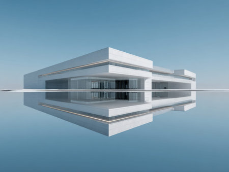 A sleek, contemporary structure featuring pure white surfaces and expansive glass panels, mirroring...