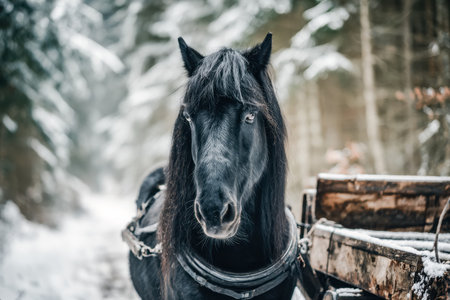 A majestic black steed guides a rustic cart through a frost-covered woodland, evoking tranquility...