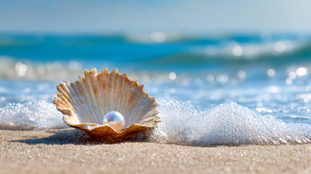 A delicate shell cradles a shimmering pearl, nestled on textured sand by gentle waves, evoking...