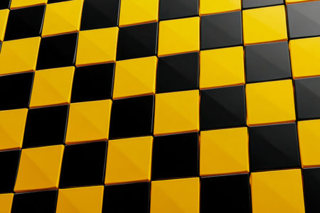 A striking arrangement of reflective black and vivid yellow squares in a diagonal grid forms a...