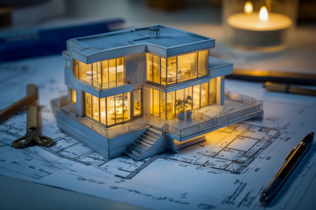 A detailed scaled-down home design rests atop detailed blueprints, surrounded by drafting tools and...