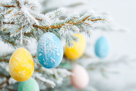 Softly colored Easter eggs nestled on a snow-touched pine branch evoke seasonal joy and nature's...