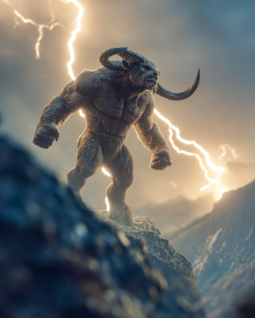 A majestic, horned creature surveys jagged peaks beneath a fierce lightning storm, exuding power and...