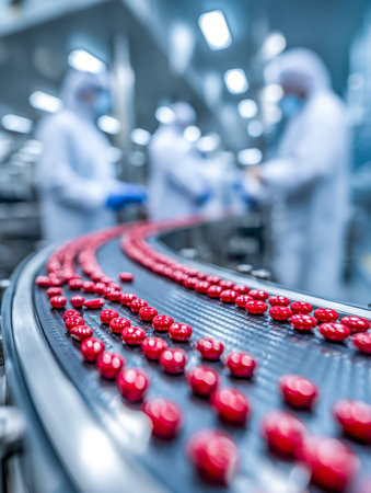 A sleek, high-tech laboratory showcasing a manufacturing process with vibrant crimson pills lined up...