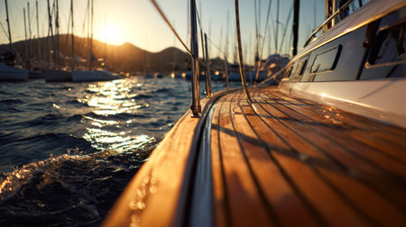 As the sun dips below the horizon, gentle waves cradle a lone sailboat, casting warm hues over a...