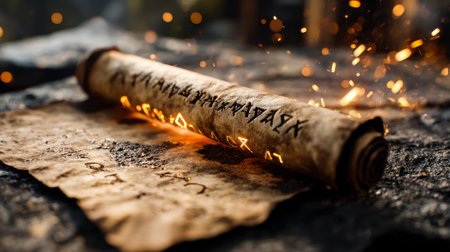 A weathered parchment ignites, casting a warm glow as embers and bright flames dance around, evoking...