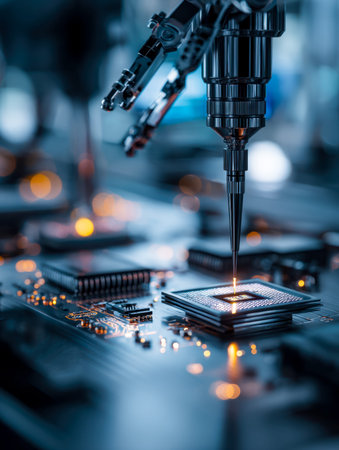 Close-up of robotic arms meticulously assembling and inspecting tiny electronic components on a...