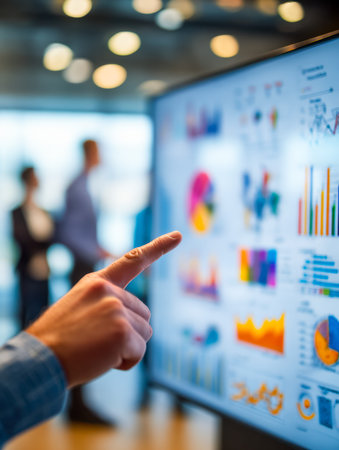 A focused professional reviews vibrant, layered graphs on a sleek digital screen, surrounded by a bright, contemporary office environment.の写真素材