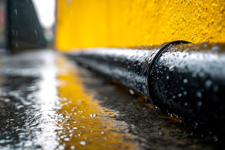 A detailed view of a damp, metallic conduit huddled against a vibrant yellow backdrop, evoking urban...