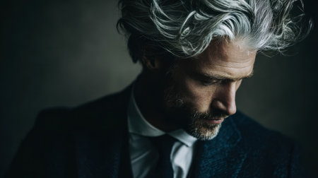 A wise gentleman with striking silver locks relaxes in reflection, eyes distant, exuding serenity and depth amid a softly lit setting.のeditorial素材