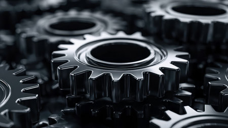 Intricate machinery components featuring polished steel cogs engaged seamlessly, exemplifying engineering excellence and precise mechanical harmonyの写真素材