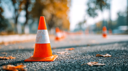 Vivid orange cones line a street, with soft focus city scenery and colorful fallen leaves creating a...