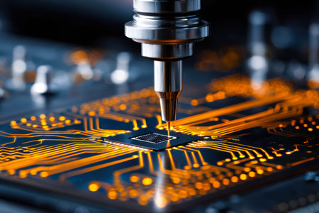A sleek robotic arm meticulously assembles a luminous circuit board, highlighting high-tech...