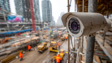 A security camera perched high above a bustling cityscape monitors active construction activities,...