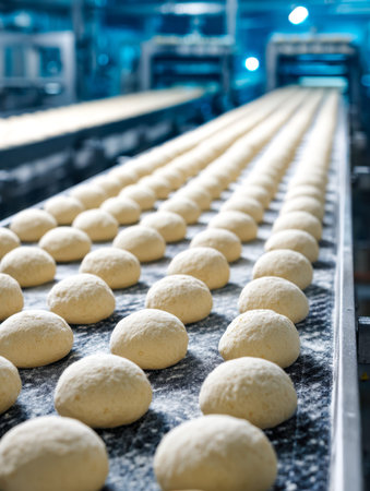 Clusters of raw dough spheres glide along a busy bakery assembly, ready for transformation into...