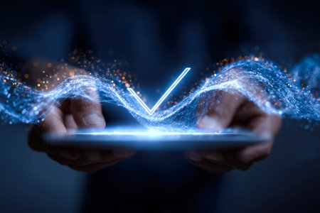 A sleek, high-tech tablet displays a luminous checkmark, symbolizing verification and progress...