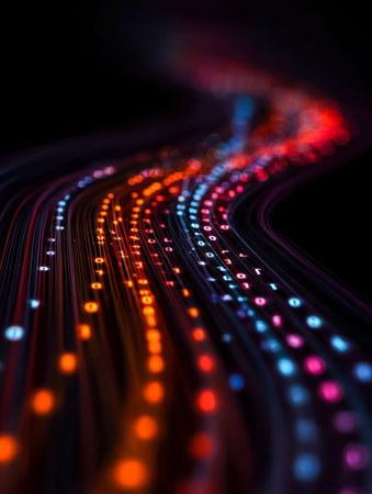 Vibrant neon streaks weave through darkness, forming a high-tech corridor that evokes a sense of...